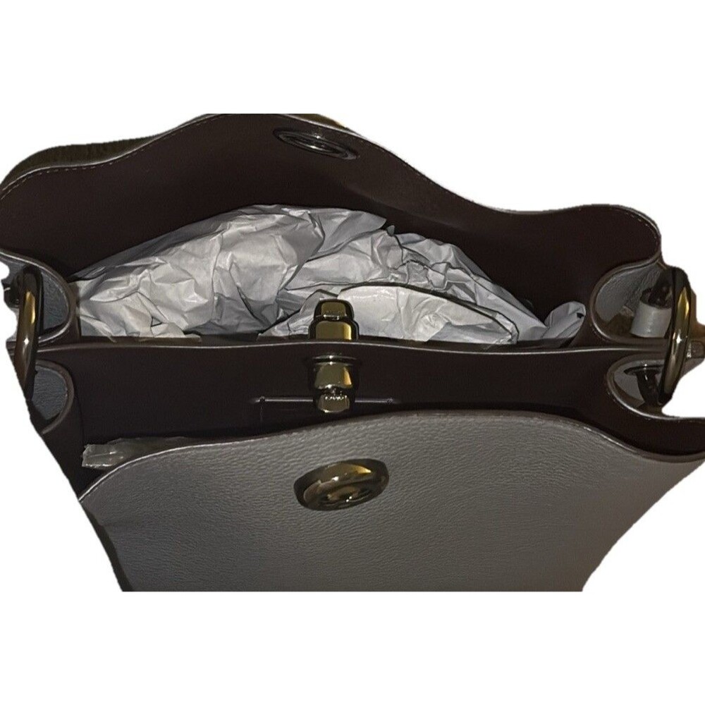 COACH Polished Pebble Leather Charlie Bucket Bag Grey Crossbody Purse Designer - Picture 8 of 13